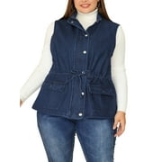 MODA NOVA Juniors Plus Size Sleeveless Drawstring Button Zip Denim Vest Dark Blue 1X