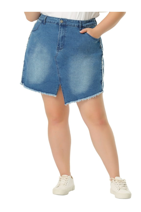 Juniors Plus Size Slit Fashion Mini Denim Skirt with Pockets Blue 3X