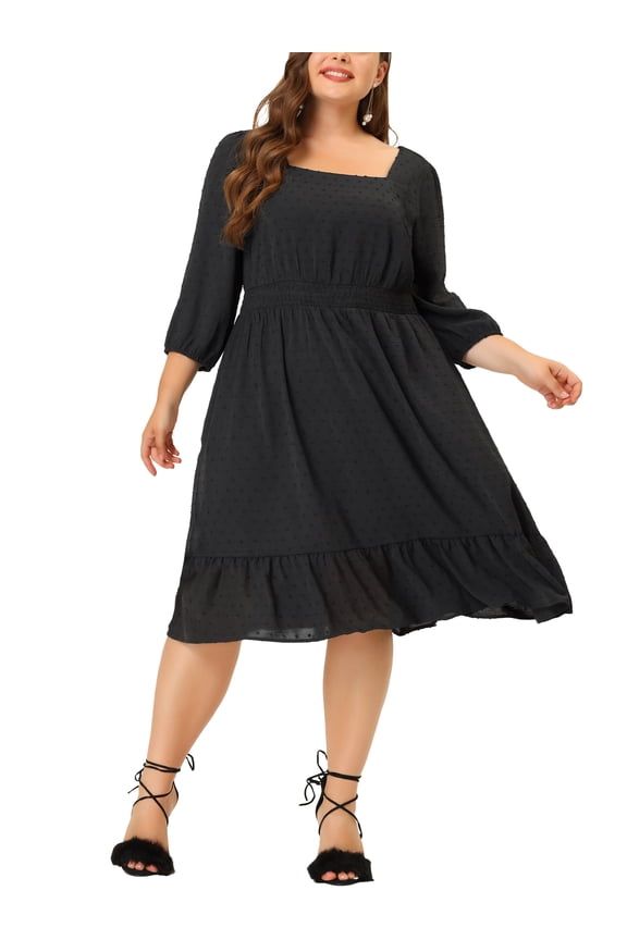 Juniors Plus Size Smock Waist Swiss Dots 3/4 Sleeves Midi Dress