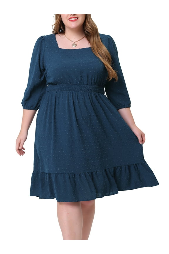Juniors Plus Size Smock Waist Swiss Dots 3/4 Sleeves Midi Dress