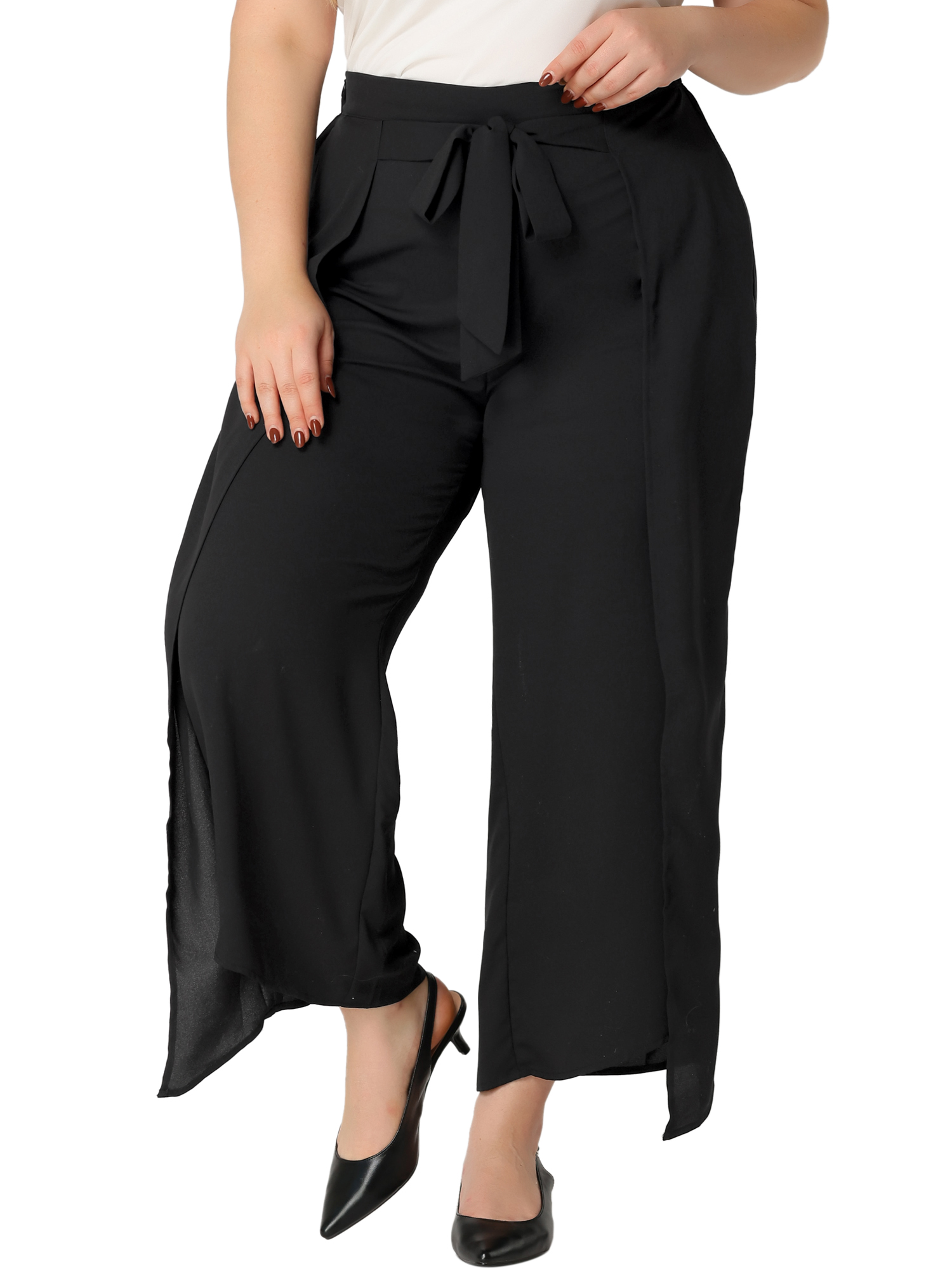 MODA NOVA Juniors Plus Size Split Wide Leg Tie Knot Chiffon Palazzo Pants Black 1X