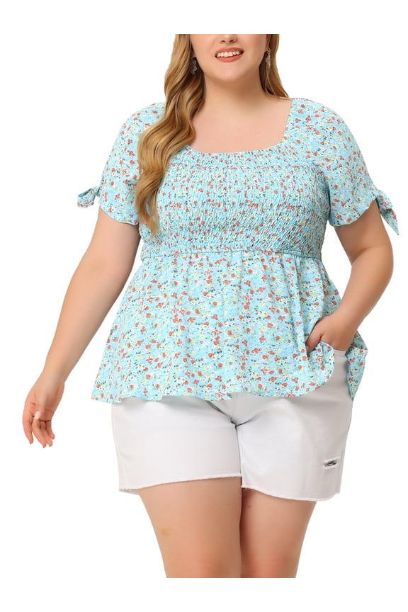 Juniors Plus Size Square Neck Bow Tie Short Sleeve Peplum Blouse Light Blue 1X