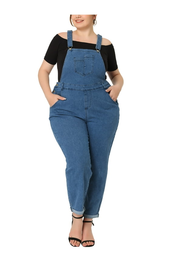Juniors Plus Size Stretch Adjustable Strap Bib Denim Jumpsuits Blue 2X