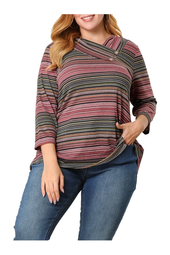 Juniors Plus Size Stripe Knitted Boho 3/4 Sleeve V Neck Top 1X Red