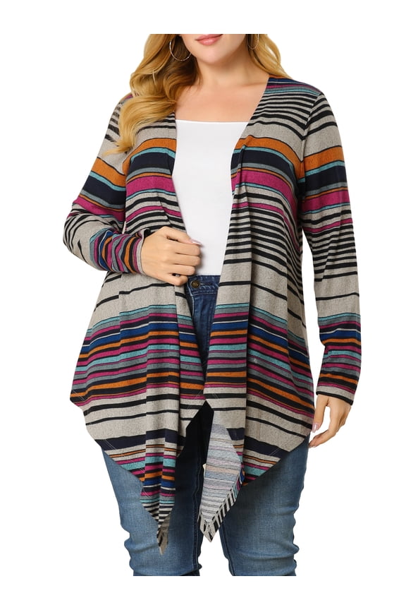 Juniors' Plus Size Stripe Long Sleeve Open Front Cardigan 1X Gray