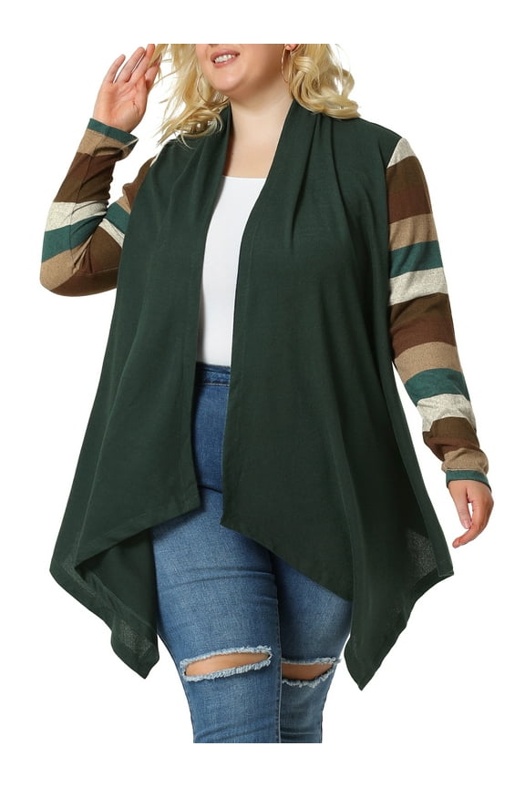 Juniors Plus Size Stripe Print Open Front Knit Long Sleeve Cardigan 1X Dark Green