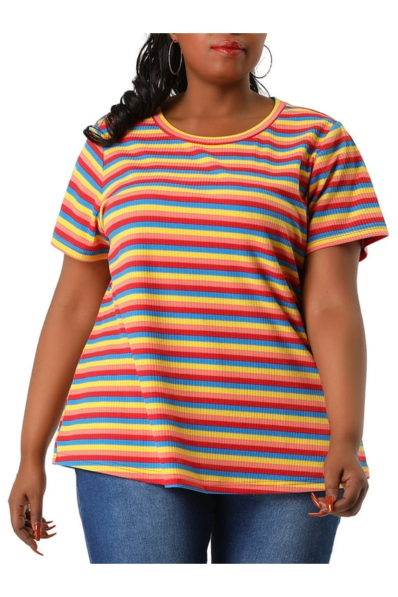 Juniors' Plus Size Stripe T-Shirt Short Sleeve Rainbow Striped Top 4X Rainbow