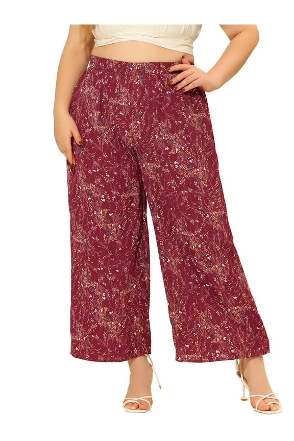 Juniors Plus Size Summer High Waist Wide Leg Floral Palazzo Pants Red 1X