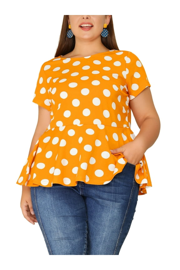 Juniors Plus Size Summer Polka Dots Short Sleeve Peplum Blouse Orange 1X