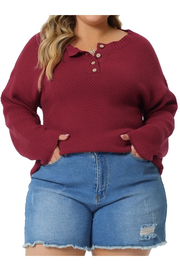 Juniors Plus Size Sweater for Oversized Round Neck Long Sleeve Button Knit Pullover Sweater