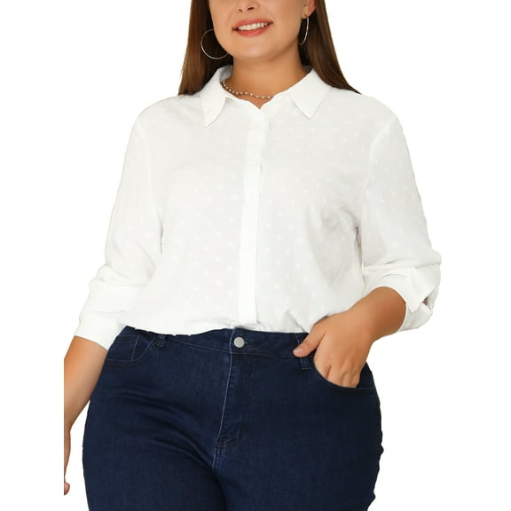 MODA NOVA Juniors Plus Size Swiss Dots Long Sleeves Button Down Shirt White 2X