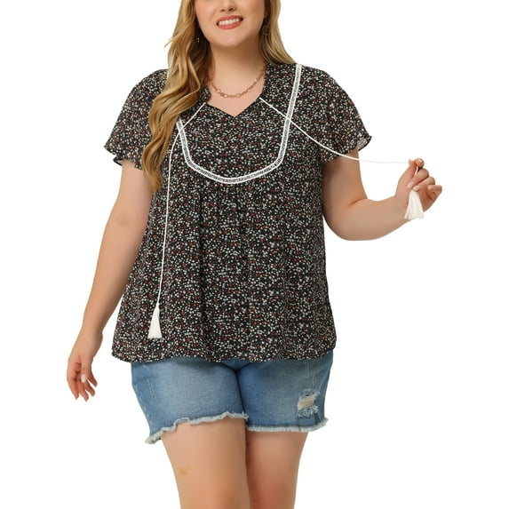 MODA NOVA Juniors Plus Size Tie Neck Ruffle Sleeve Keyhole Peasant Blouse Black 2X