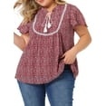 thumbnail image 1 of MODA NOVA Juniors Plus Size Tie Neck Ruffle Sleeve Keyhole Peasant Blouse  Red 4X, 1 of 5