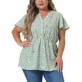 thumbnail image 1 of MODA NOVA Juniors Plus Size Tops Regular Fit Short Sleeve Smocked Waist V Neck Floral Blouse Green 1X, 1 of 7