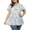 thumbnail image 1 of MODA NOVA Juniors Plus Size Tops Regular Fit Short Sleeve Smocked Waist V Neck Floral Blouse White 3X, 1 of 7