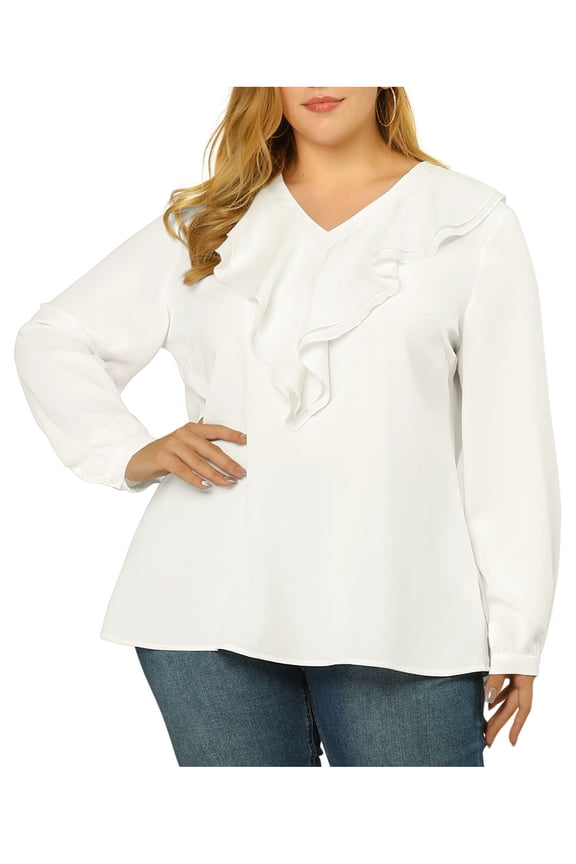 Juniors' Plus Size Tops Ruffle V Neck Boho Chiffon Blouse White 1X