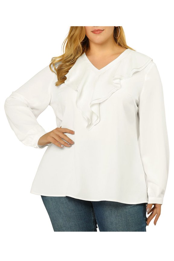 Juniors' Plus Size Tops Ruffle V Neck Boho Chiffon Blouse White 2X