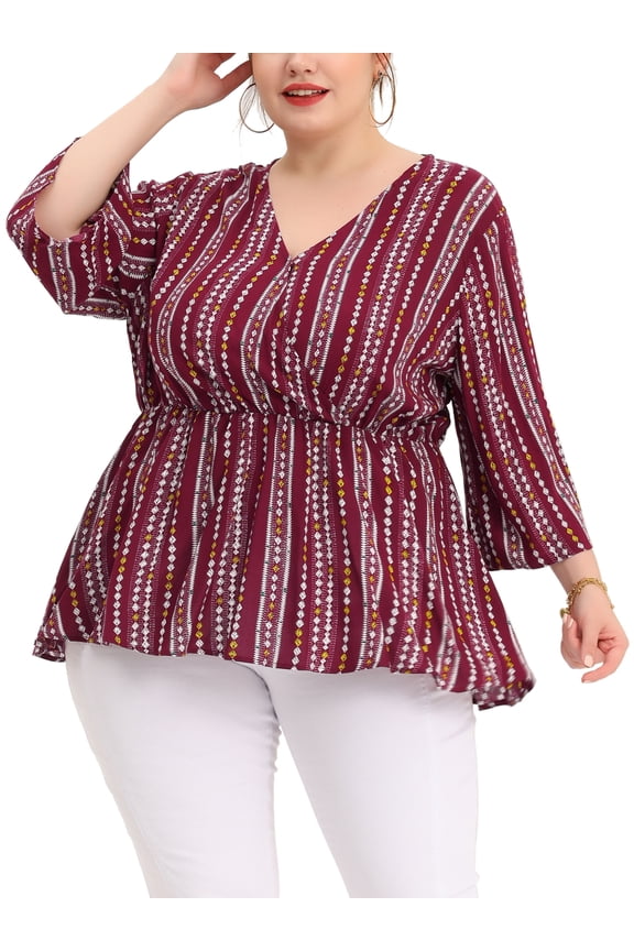 Juniors' Plus Size Tops V Neck Boho Striped Peplum Tops Blouses