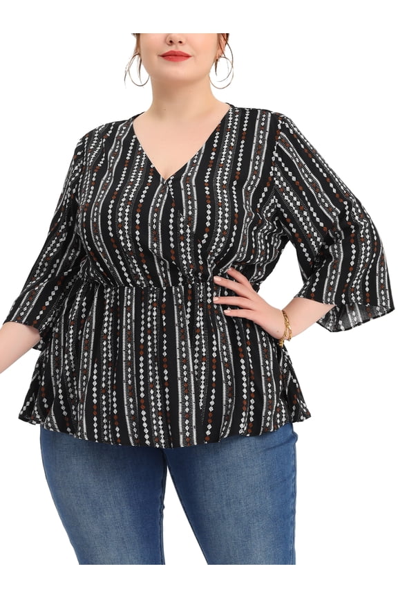Juniors' Plus Size Tops V Neck Boho Striped Peplum Tops Blouses