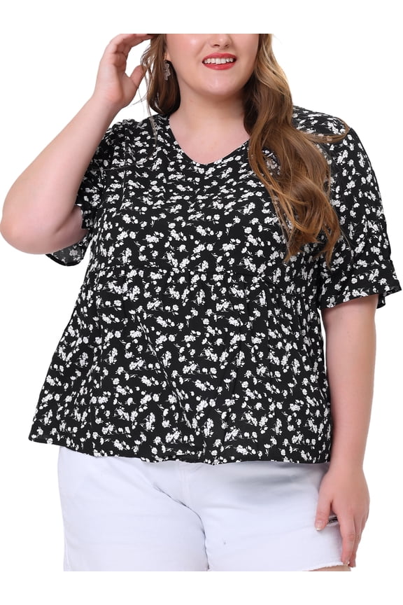 Juniors Plus Size Tops V Neck Floral Print Ruffle Short Sleeve Tiered Babydoll Blouses