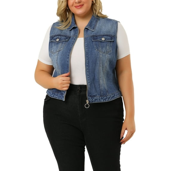MODA NOVA Juniors Plus Size Trucker Zipper Front Sleeveless Denim Vest Jacket