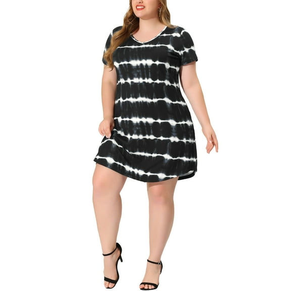 MODA NOVA Juniors' Plus Size Tunic V Neck Short Sleeve Round Hem Tie Dye Midi Dresses