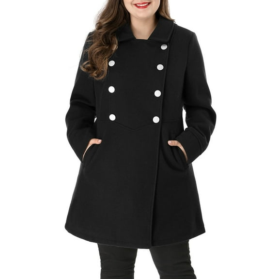 MODA NOVA Juniors Plus Size Turn Down Collar Double Breasted Long Overcoat Black 1X