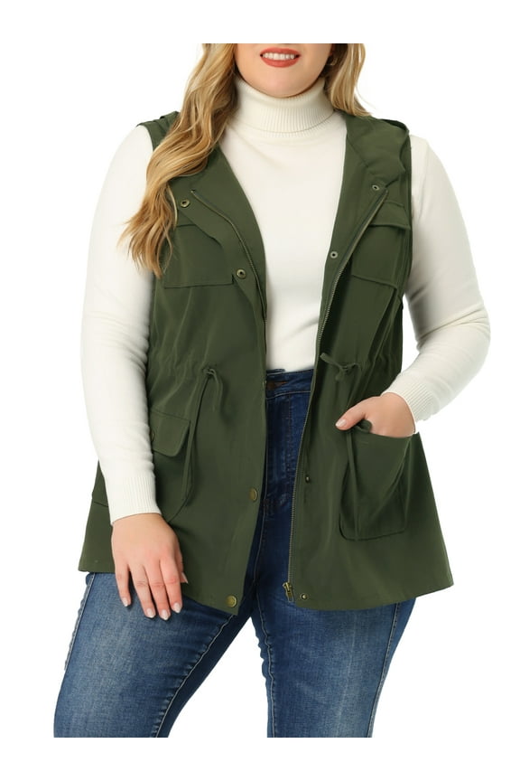 Junior Plus Size Utility Vest Sleeveless Anorak Cargo Drawstring Jacket 2X Army Green