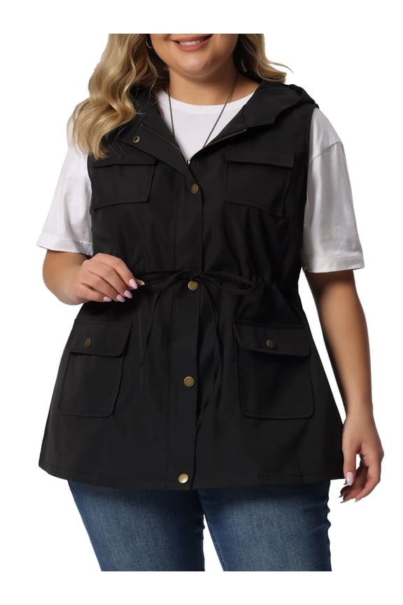 Junior Plus Size Utility Vest Sleeveless Anorak Cargo Drawstring Jacket 2X Black