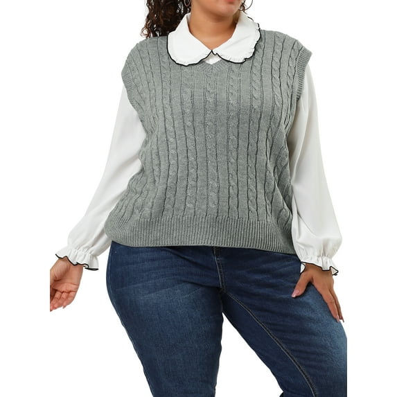 MODA NOVA Juniors' Plus Size V Neck Argyle Plaid Sleeveless Knit Vest Gray 2X