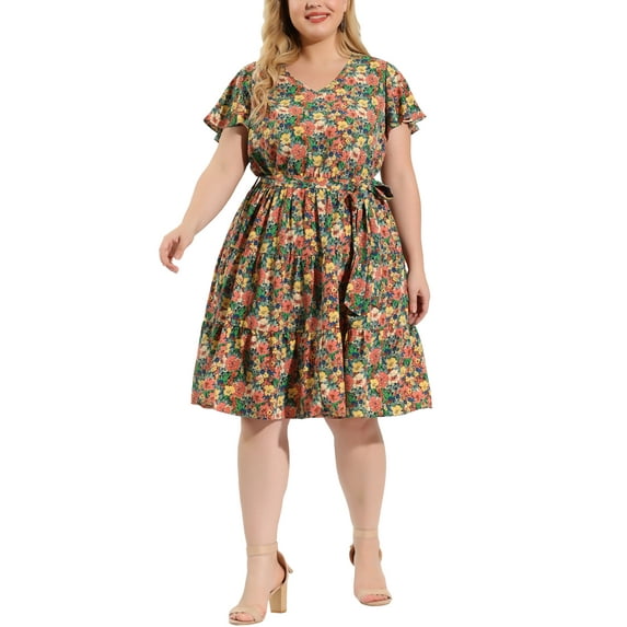 MODA NOVA Juniors' Plus Size V Neck Elastic Waist Ruffle Summer Floral Midi Dress