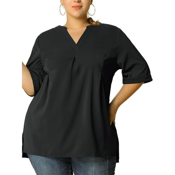 MODA NOVA Juniors' Plus Size V Neck Short Sleeve Casual Tunic Tops Black 2X