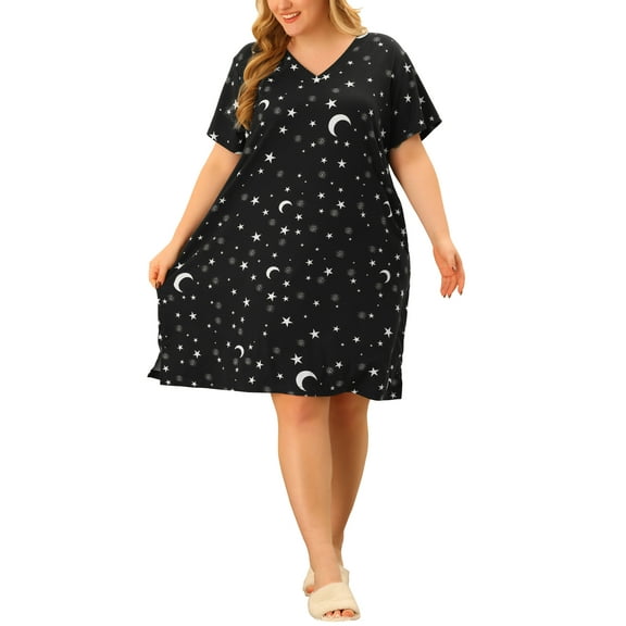 MODA NOVA Juniors Plus Size V Neck Short Sleeve Star Moon Pattern Sleepshirt