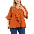 thumbnail image 1 of MODA NOVA Juniors Plus Size V Neck Smocked Sleeves Ruffled Front Solid Blouse, 1 of 7