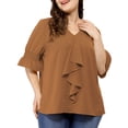 thumbnail image 1 of MODA NOVA Juniors Plus Size V Neck Smocked Sleeves Ruffled Front Solid Blouse, 1 of 7