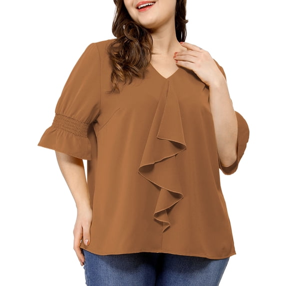 MODA NOVA Juniors Plus Size V Neck Smocked Sleeves Ruffled Front Solid Blouse