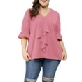 thumbnail image 1 of MODA NOVA Juniors Plus Size V Neck Smocked Sleeves Ruffled Front Solid Blouse, 1 of 7