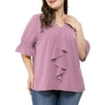 thumbnail image 1 of MODA NOVA Juniors Plus Size V Neck Smocked Sleeves Ruffled Front Solid Blouse, 1 of 7