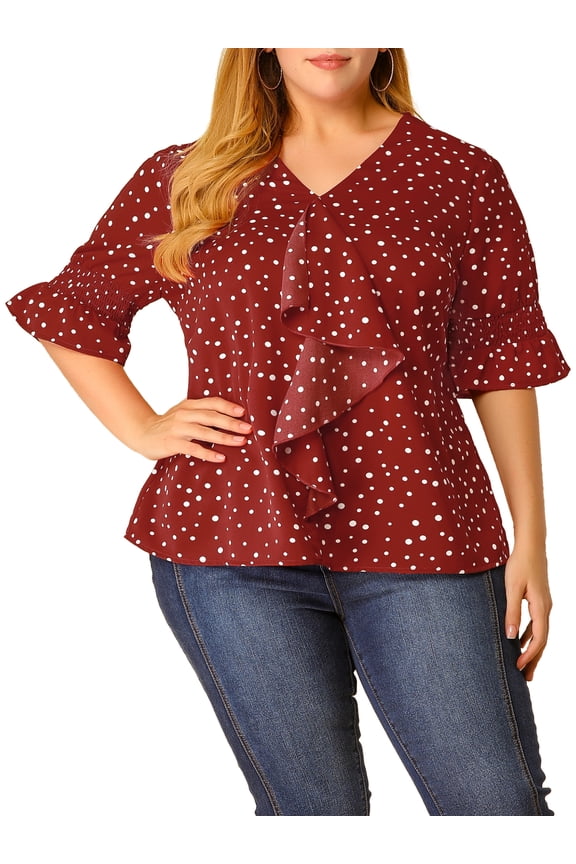 Juniors Plus Size V Neck Smocked Sleeves Ruffled Front Solid Blouse