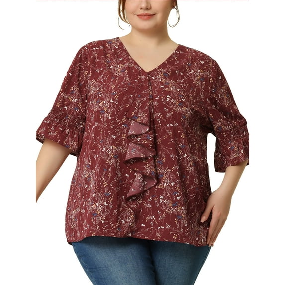 MODA NOVA Juniors Plus Size V Neck Smocked Sleeves Ruffled Front Solid Blouse