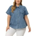thumbnail image 1 of MODA NOVA Juniors Plus Size Western Short Sleeve Button Down Denim Shirt Stone Washed Blue 1X, 1 of 6