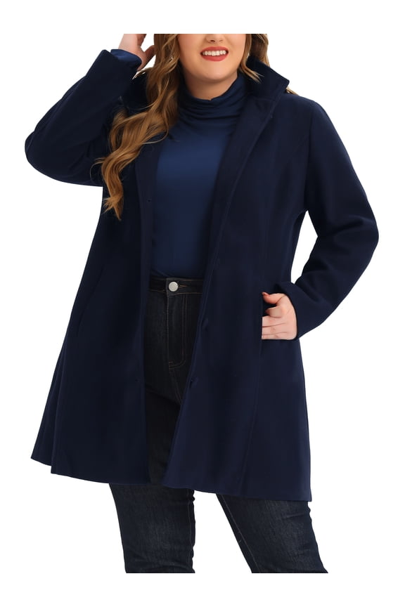 Juniors Plus Size Winter Single Breasted Detachable Hooded Overcoat Navy Blue 1X