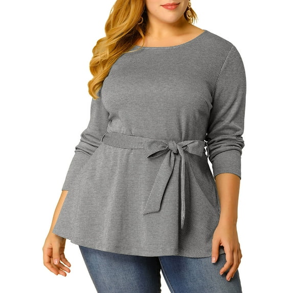 MODA NOVA Juniors Plus Size Work Formal Long Sleeve Houndstooth Tie Waist Blouse Black 2X