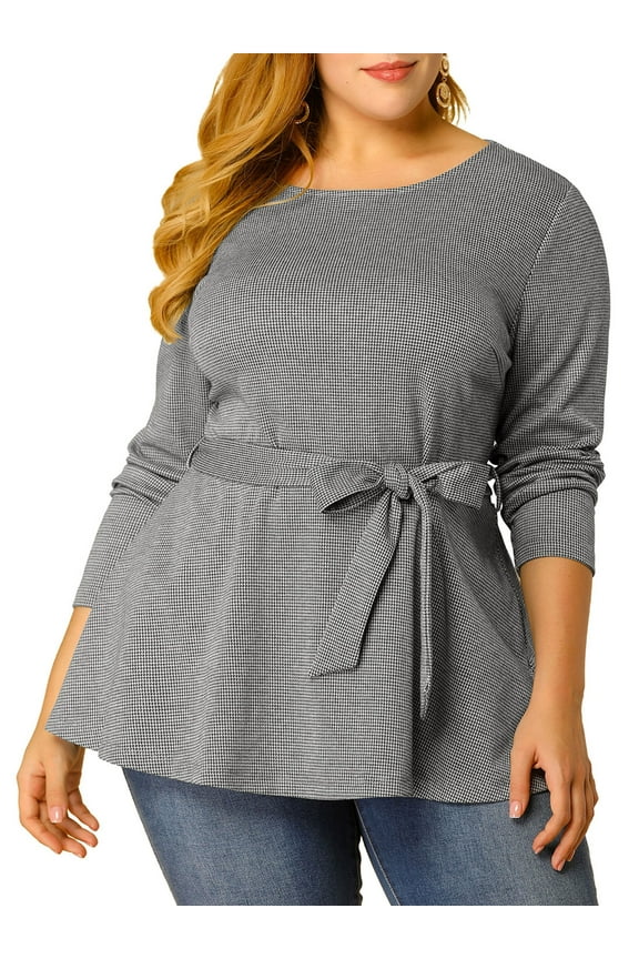 Juniors Plus Size Work Formal Long Sleeve Houndstooth Tie Waist Blouse Black 3X