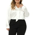 thumbnail image 1 of MODA NOVA Juniors Plus Size Work Office Tie Neck Long Sleeves Satin Shirt White 1X, 1 of 6