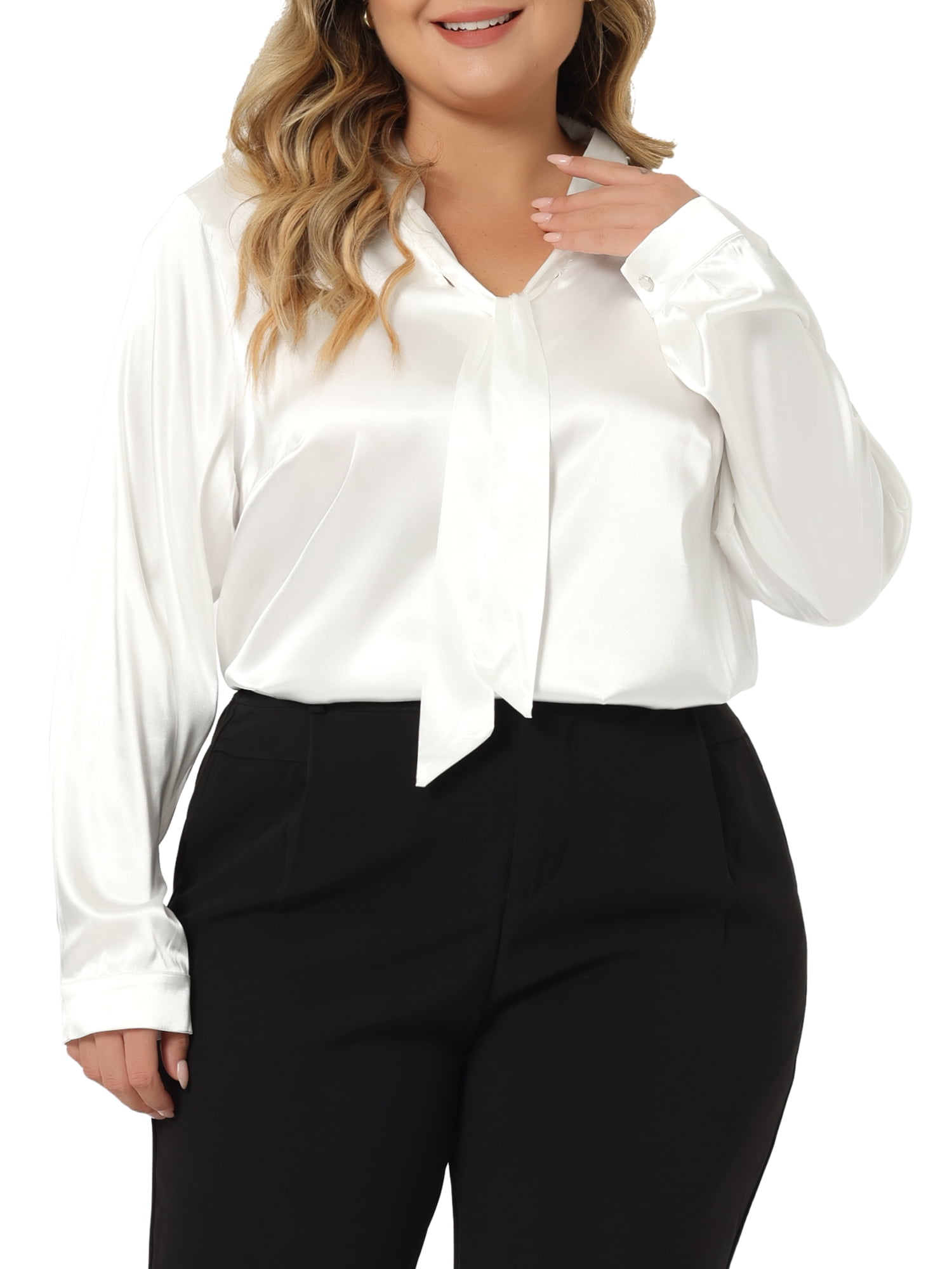 MODA NOVA Juniors Plus Size Work Office Tie Neck Long Sleeves Satin Shirt  White 2X - Walmart.com, image size:1500x2000