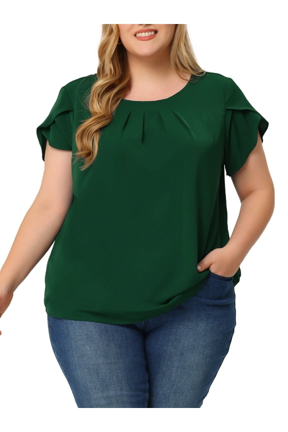 Juniors Plus Size Work Pleated Round Neck Tulip Sleeves Blouse