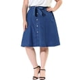 thumbnail image 1 of MODA NOVA Juniors' Plus Skirts Tie Waist A Line Midi Denim Skirt Navy Blue 4X, 1 of 6