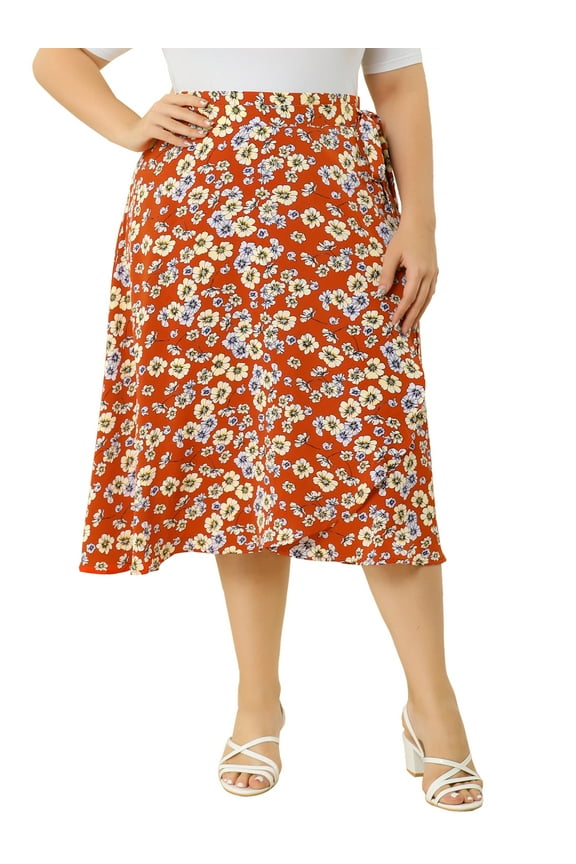 Juniors' Plus Summer A-Line Ruffled Hem Wrap Midi Skirt
