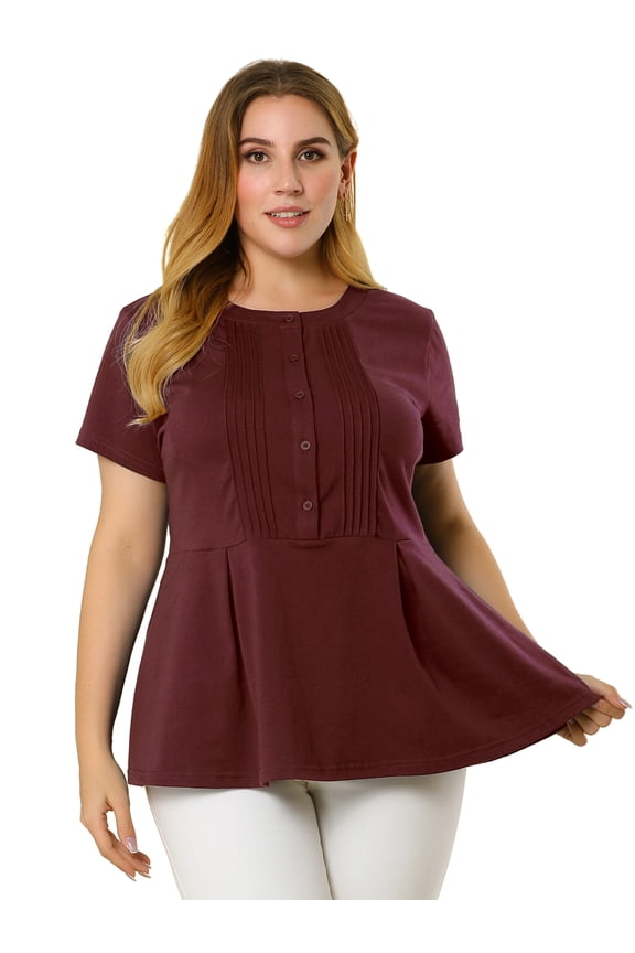 Juniors Plus Summer Tops Button Front Round Neck Peplum T Shirt Burgundy 1X